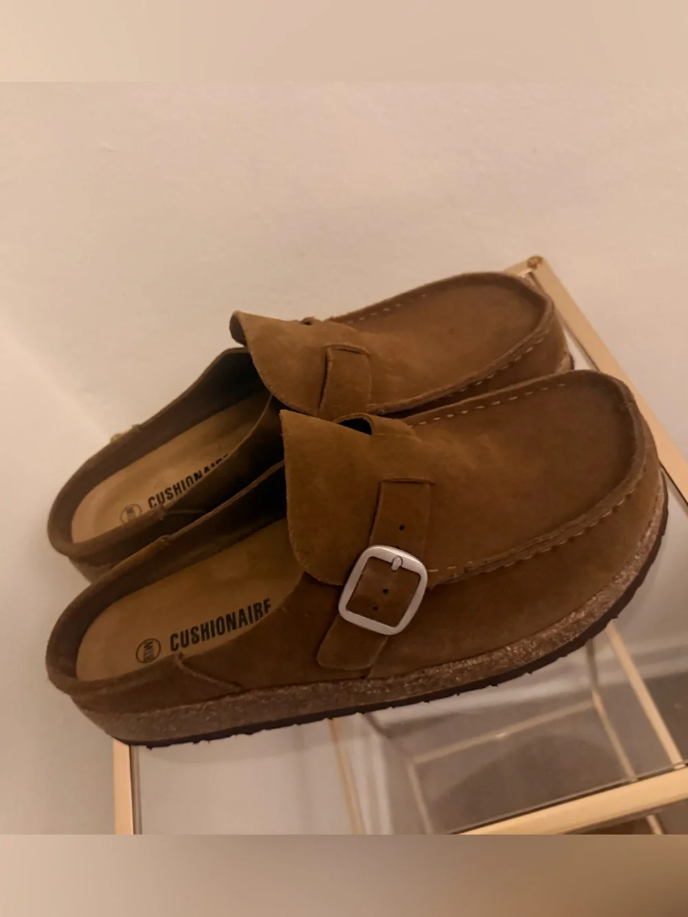 Cushionaire Suede Buckle Mules in Tan-Brown - Picture 1 of 5